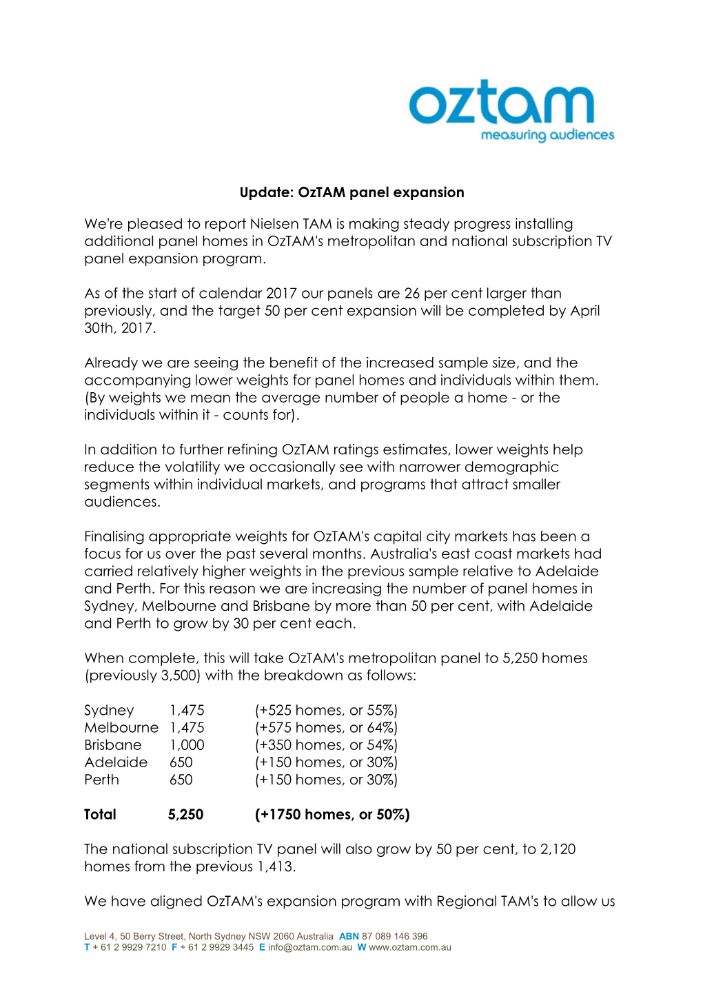 Oztam Panel Expansion We're Pleased to Report Nielsen TAM Is