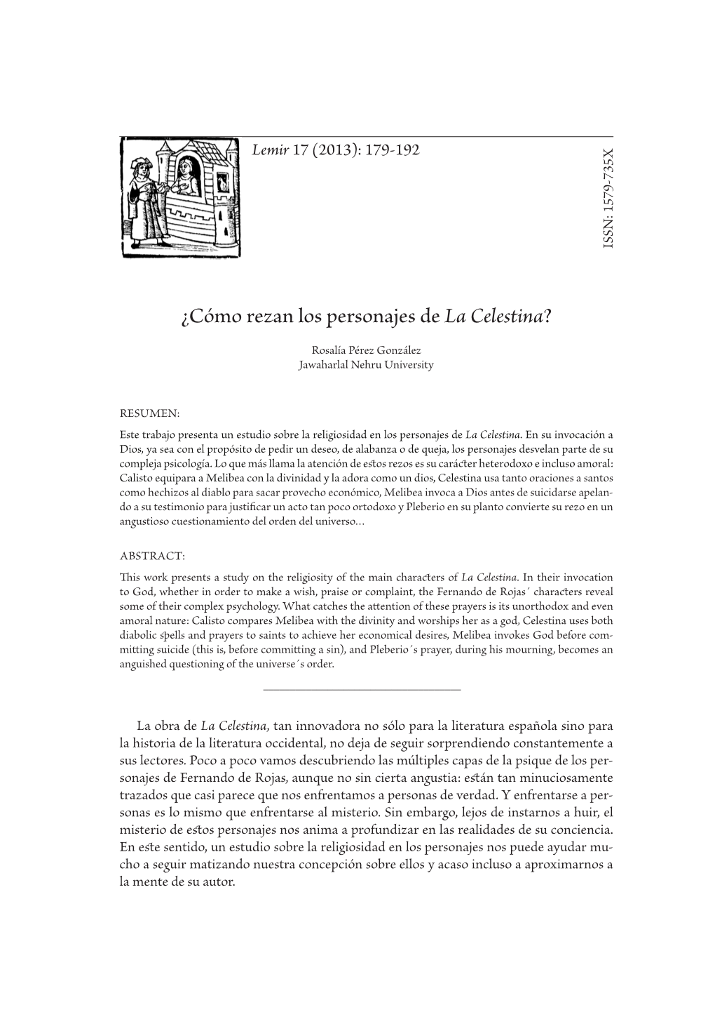 ¿Cómo Rezan Los Personajes De La Celestina? Rosalía Pérez González Jawaharlal Nehru University