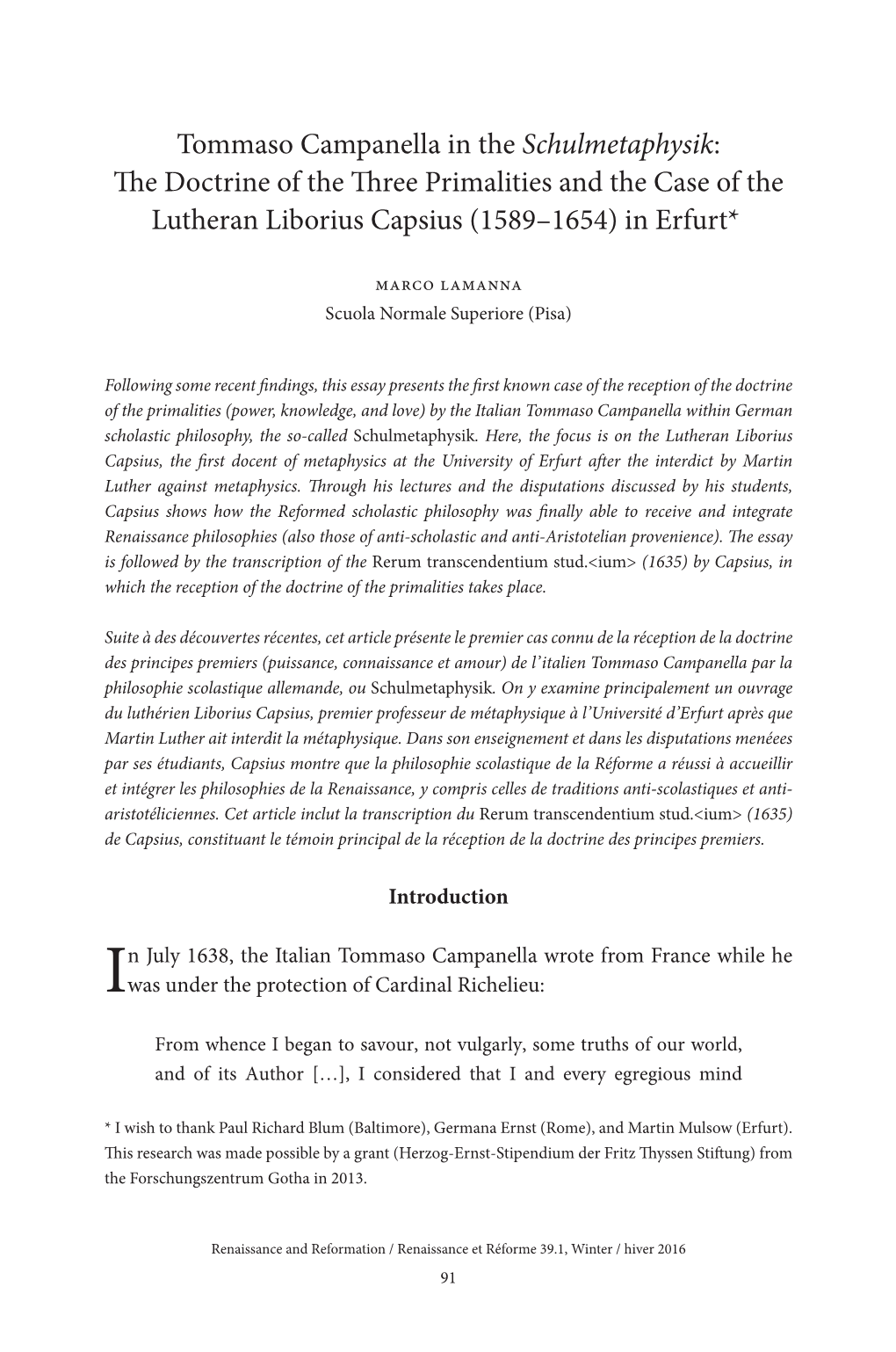 Tommaso Campanella in the Schulmetaphysik: the Doctrine of the Three Primalities and the Case of the Lutheran Liborius Capsius (1589–1654) in Erfurt*1