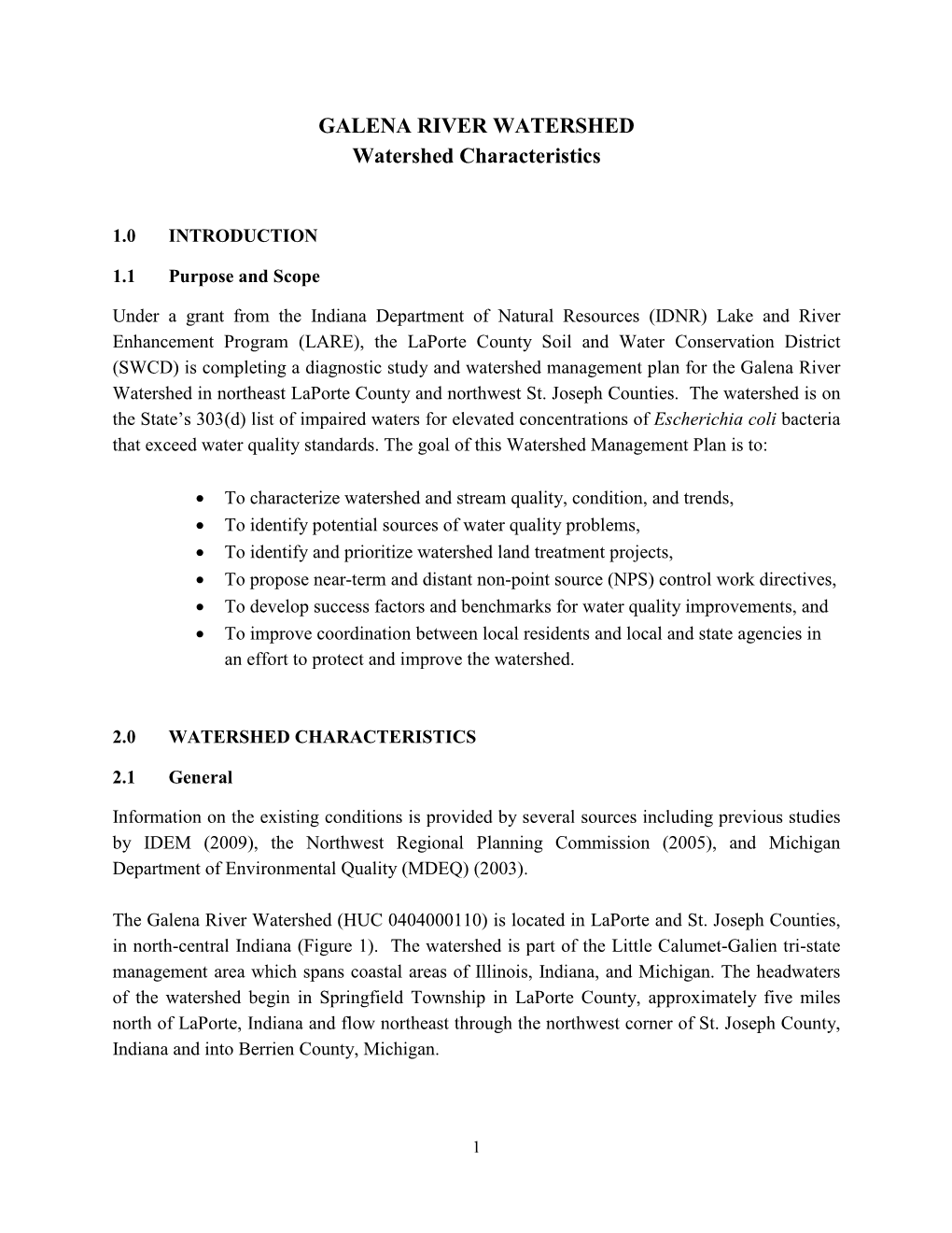 GALENA RIVER WATERSHED Watershed Characteristics