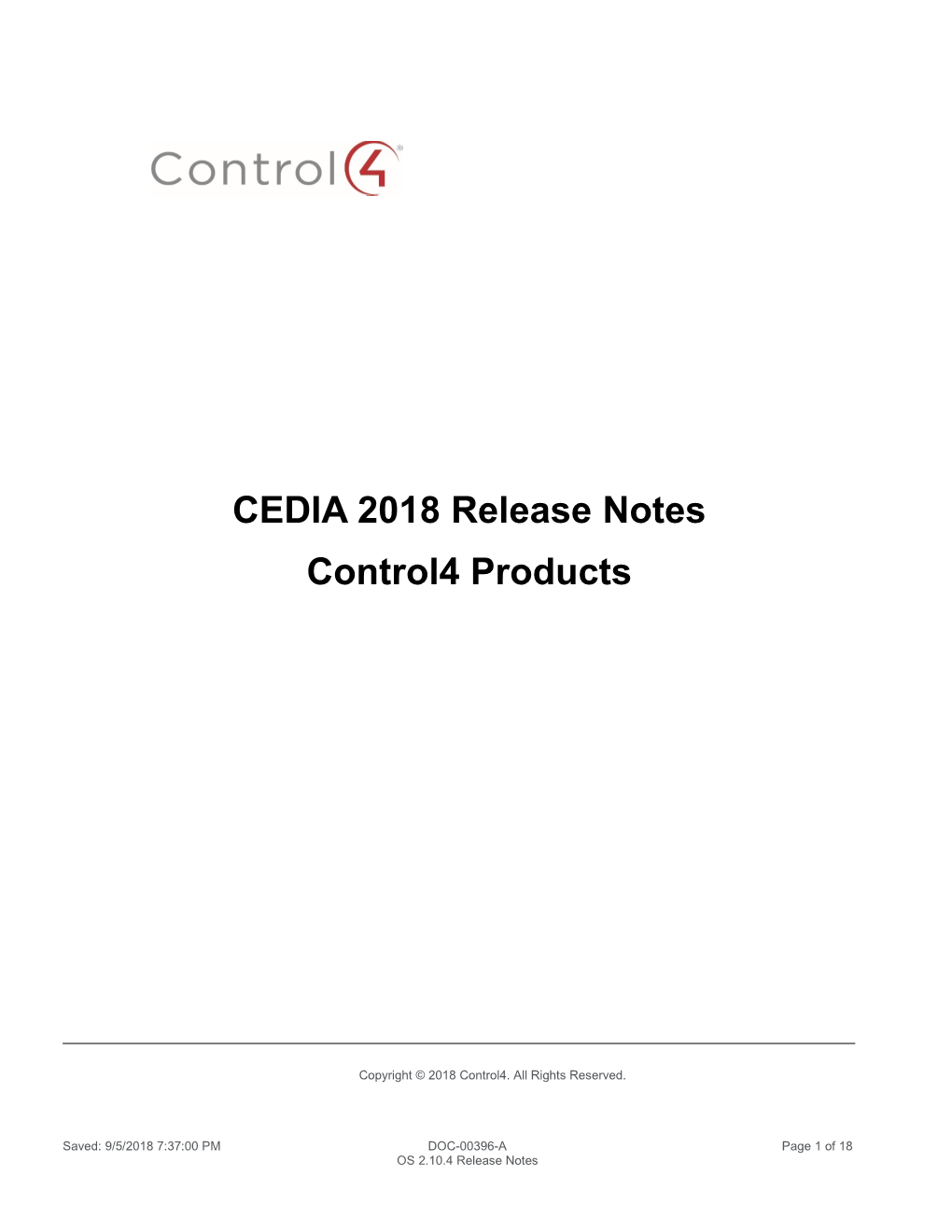 Control4 Operating System 2.10.4 CEDIA 2018 Release Notes