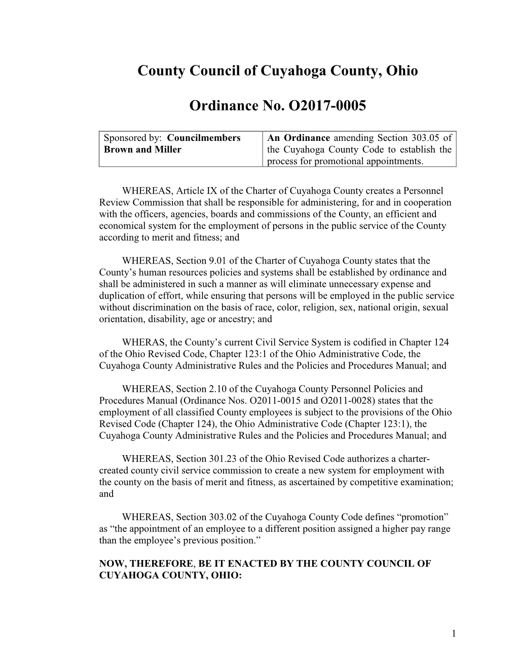 County Council of Cuyahoga County, Ohio Ordinance No. O2017-0005