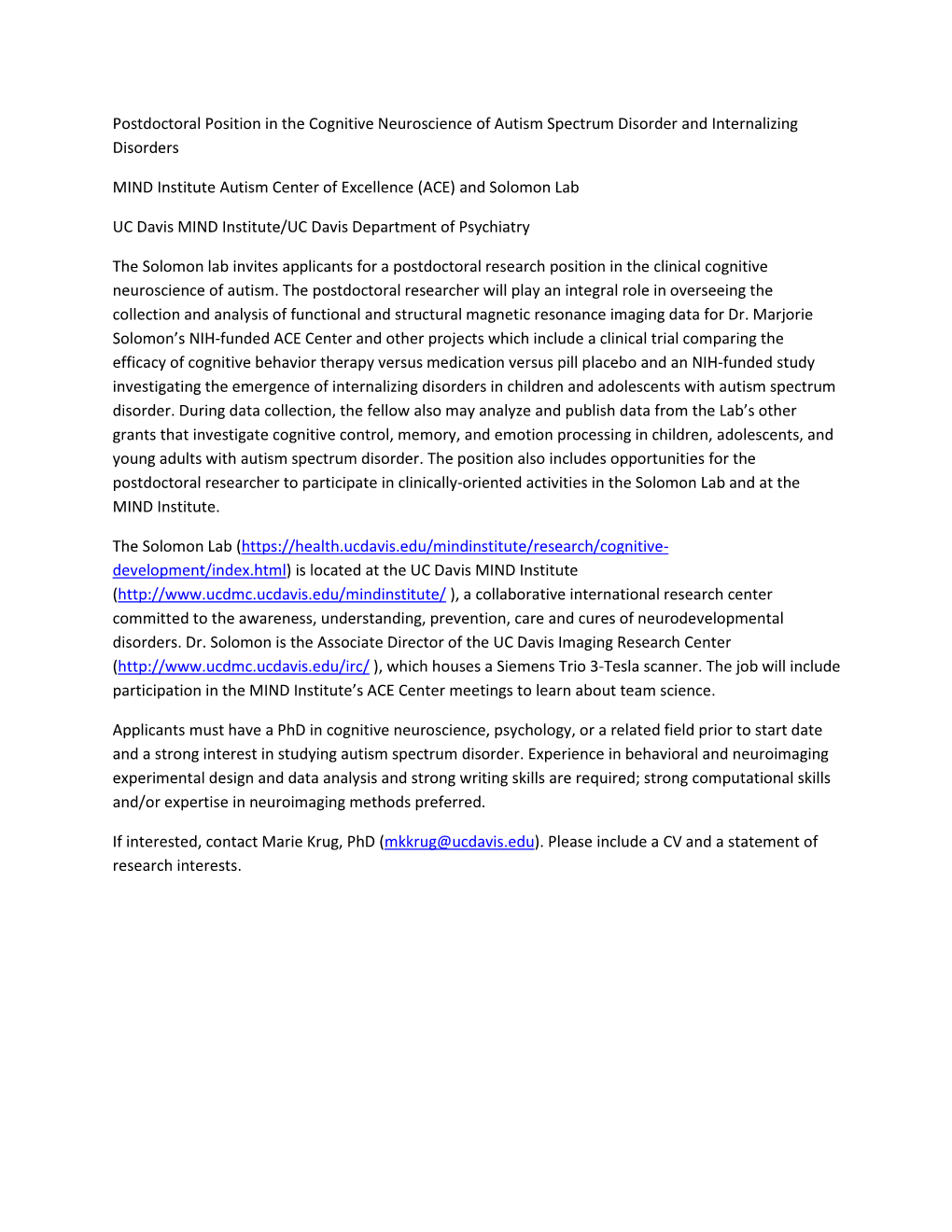 Postdoctoral Position in the Cognitive Neuroscience of Autism Spectrum Disorder and Internalizing Disorders