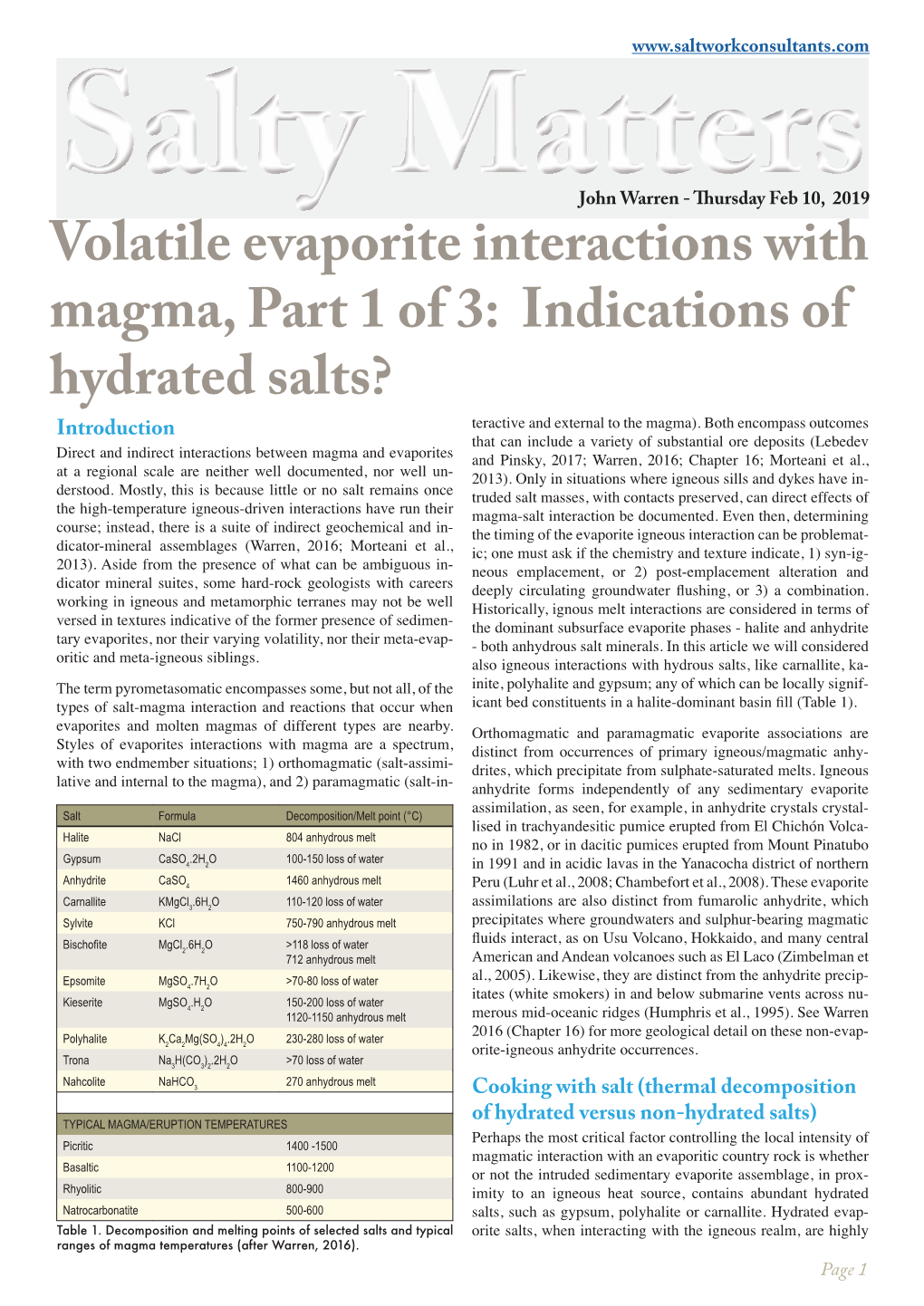 Volatile Evaporite Interactions with Magma, Part 1 of 3: Indications Of