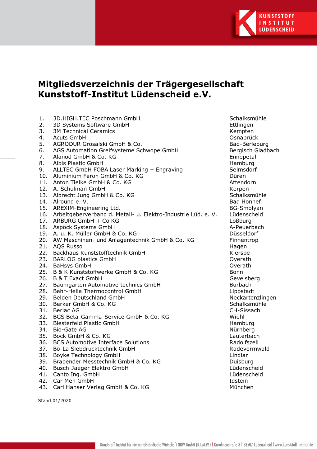 Mitgliedsverzeichnis Der Trägergesellschaft Kunststoff-Institut Lüdenscheid E.V