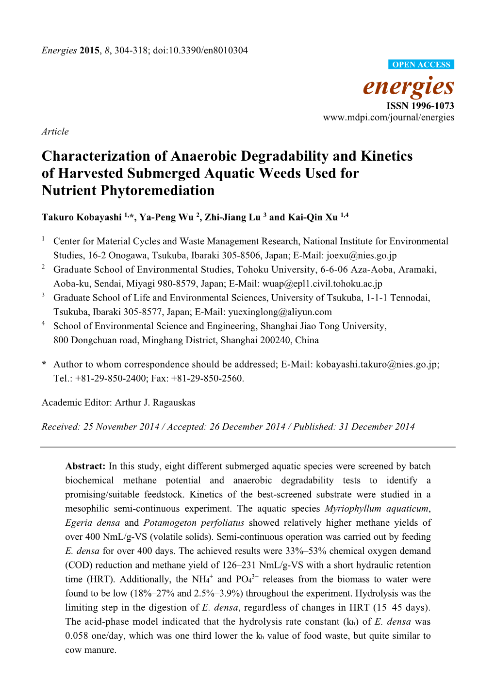 Characterization of Anaerobic Degradability and Kinetics of Harvested Submerged Aquatic Weeds Used for Nutrient Phytoremediation