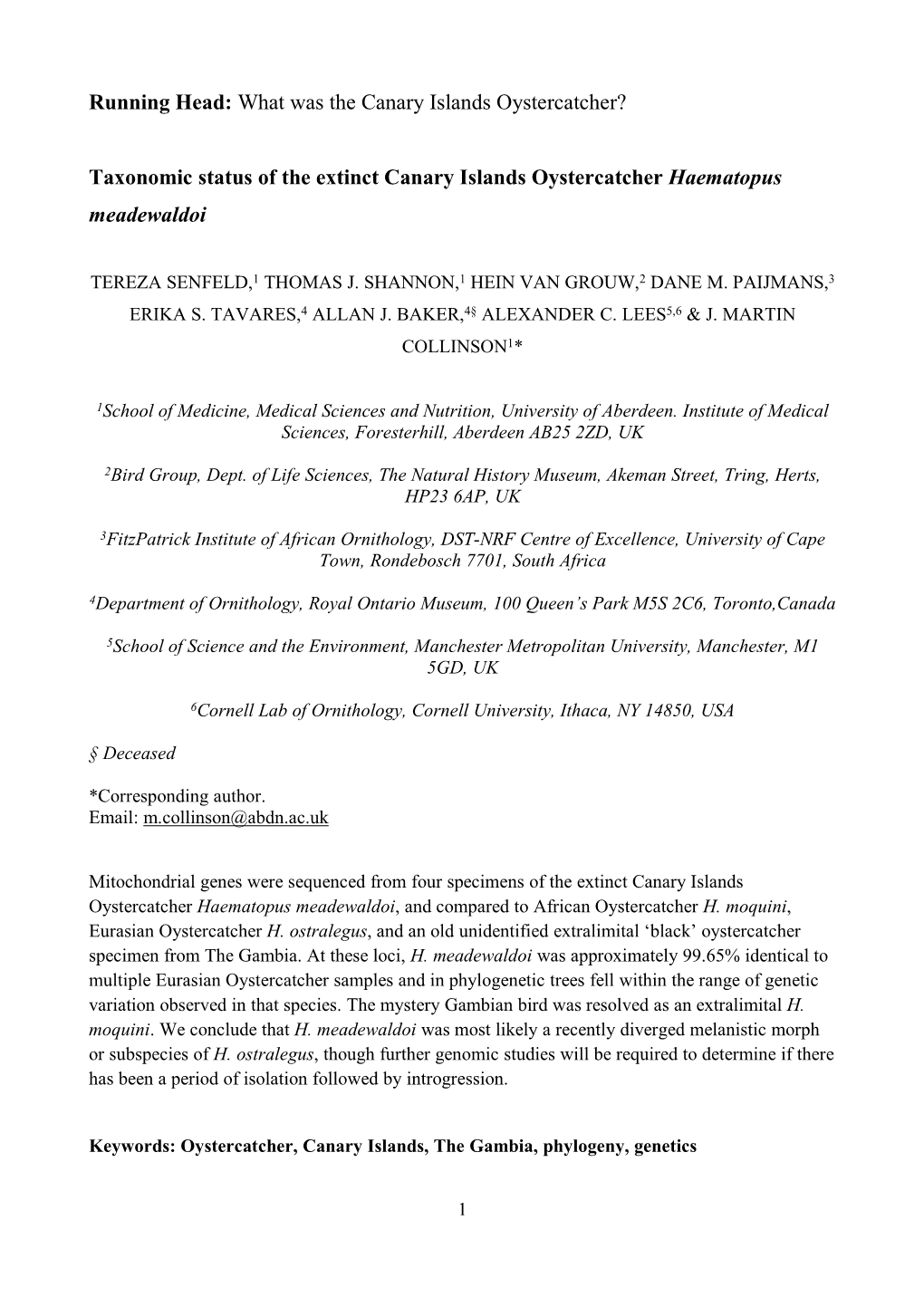 Taxonomic Status of the Extinct Canary Islands Oystercatcher Haematopus Meadewaldoi