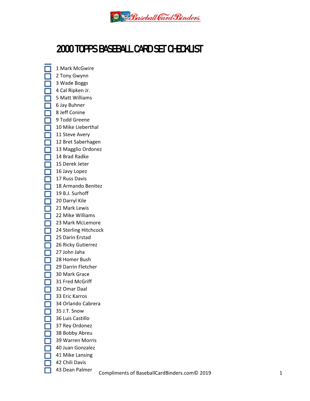 2000 Topps Baseball Card Set Checklist