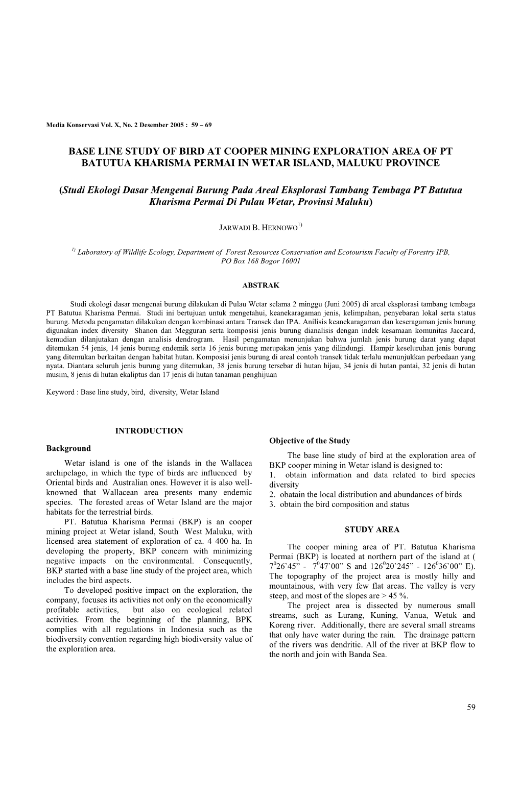 Base Line Study of Bird at Cooper Mining Exploration Area of Pt Batutua Kharisma Permai in Wetar Island, Maluku Province