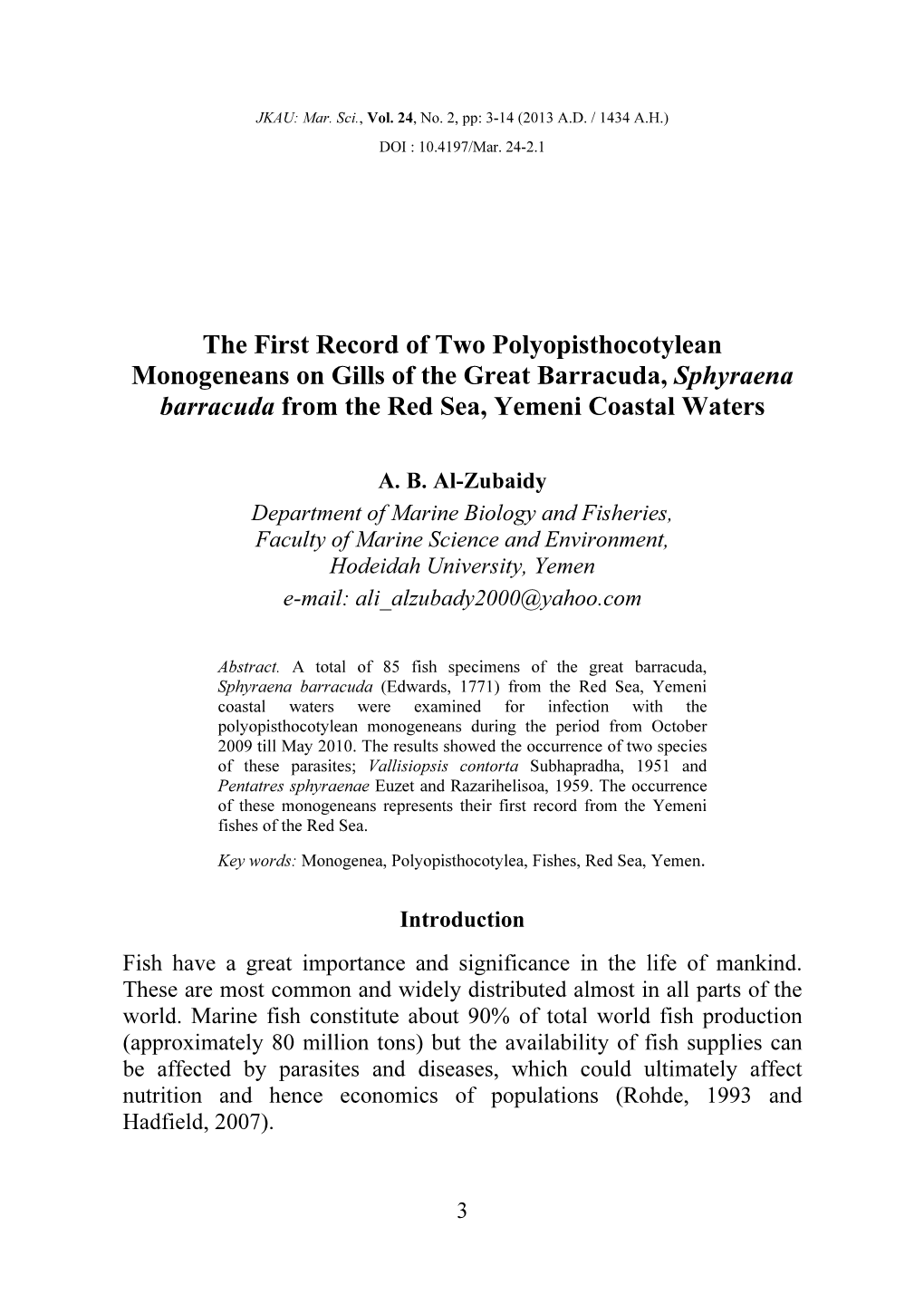 The First Record of Two Polyopisthocotylean Monogeneans on Gills of the Great Barracuda, Sphyraena Barracuda from the Red Sea, Yemeni Coastal Waters