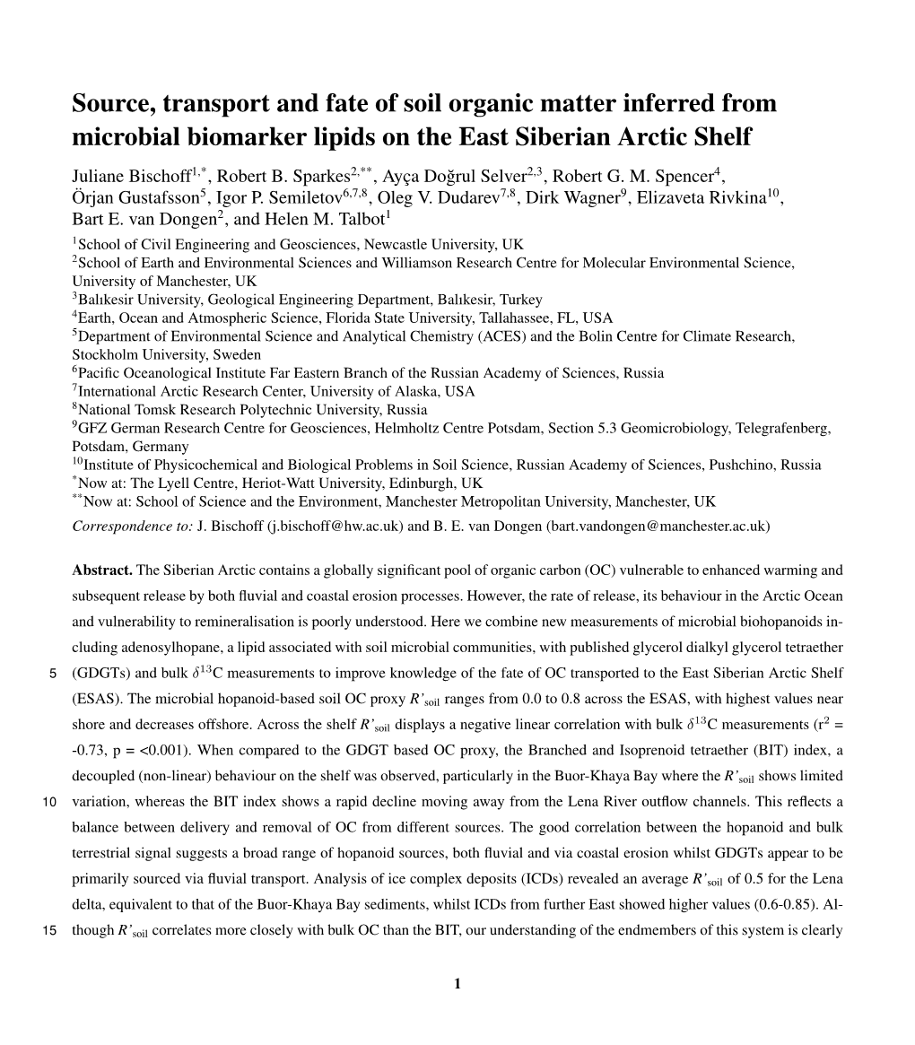 Source, Transport and Fate of Soil Organic Matter Inferred from Microbial Biomarker Lipids on the East Siberian Arctic Shelf Juliane Bischoff1,*, Robert B