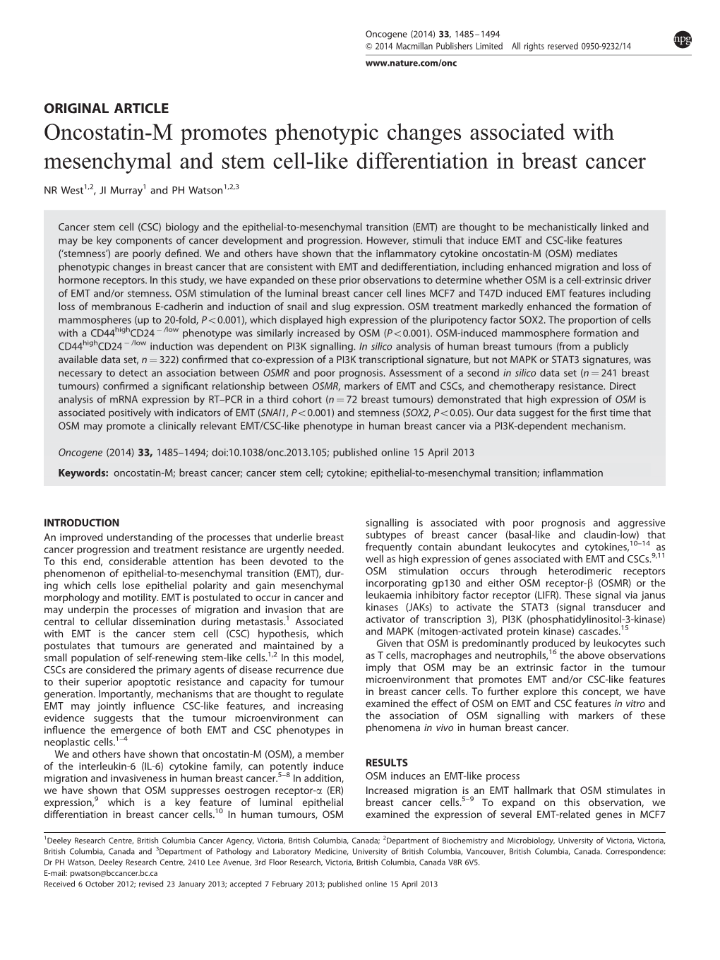 Oncostatin-M Promotes Phenotypic Changes Associated with Mesenchymal and Stem Cell-Like Differentiation in Breast Cancer