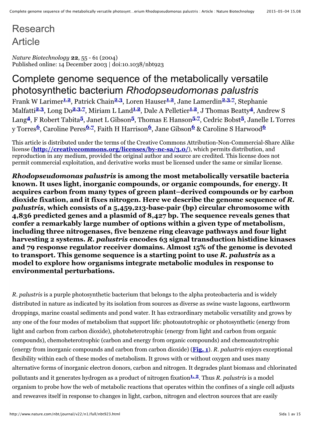 Rhodopseudomonas Palustris : Article : Nature Biotechnology 2015-05-04 15.08