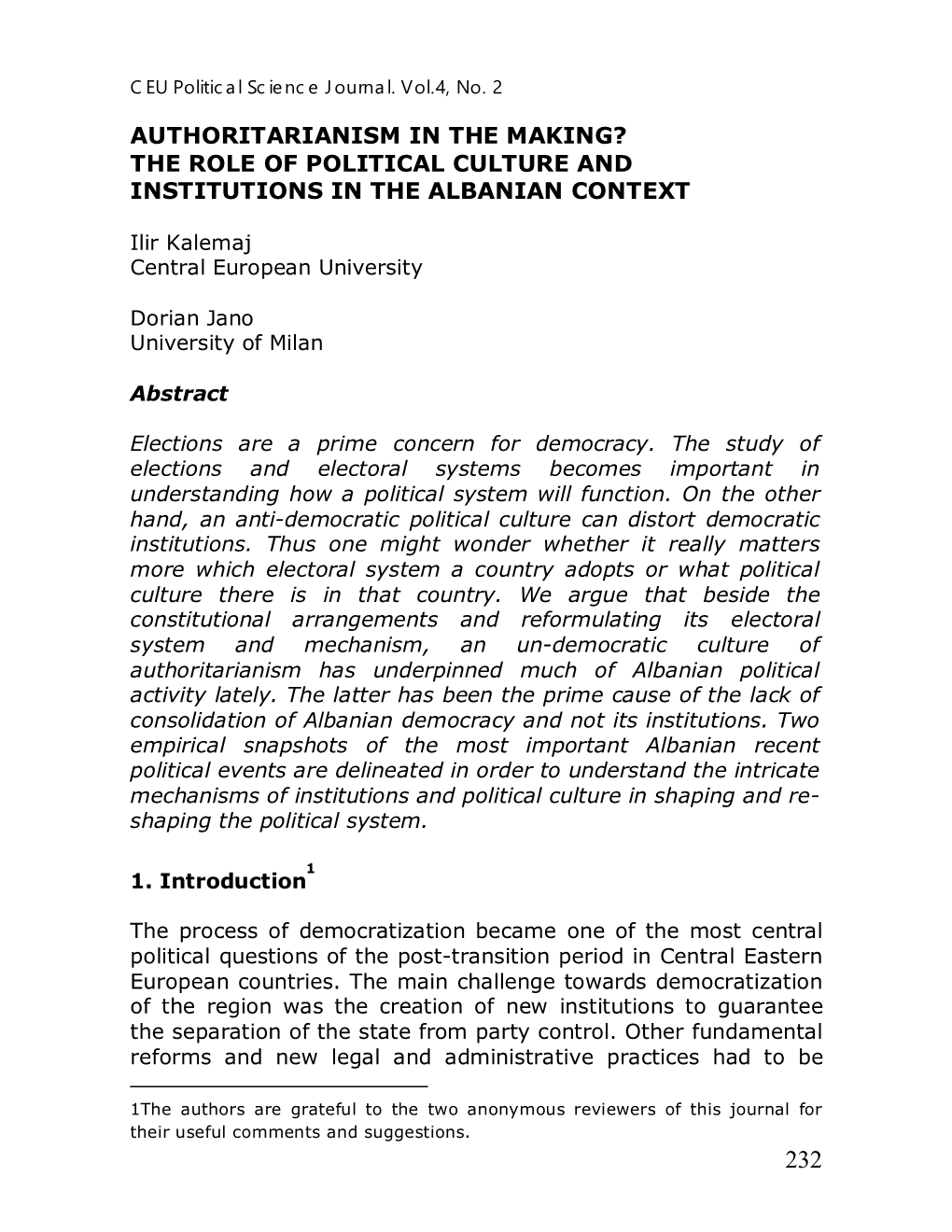 The Role of Political Culture and Institutions in the Albanian Context