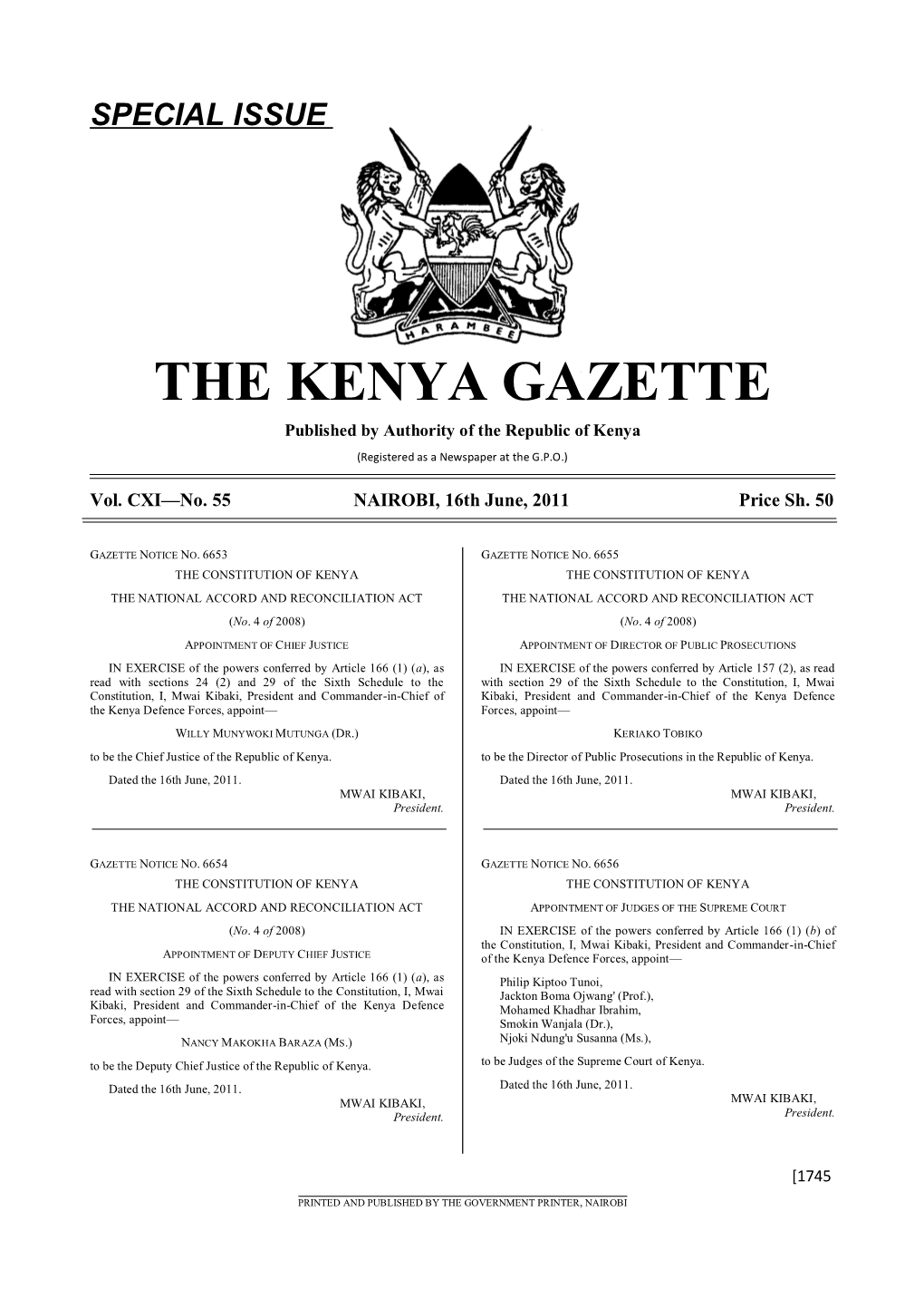 THE KENYA GAZETTE Published by Authority of the Republic of Kenya (Registered As a Newspaper at the G.P.O.)