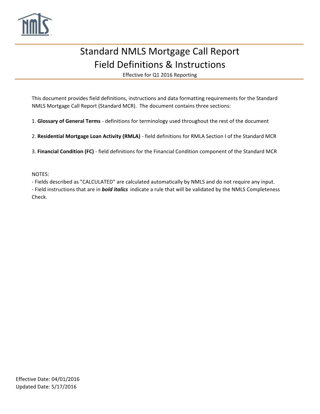 Standard NMLS Mortgage Call Report Field Definitions & Instructions