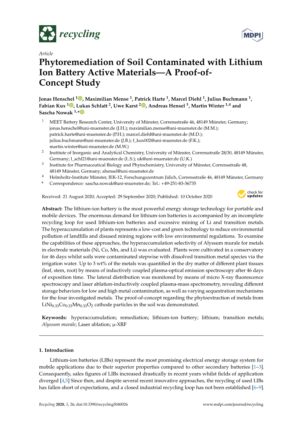 Phytoremediation of Soil Contaminated with Lithium Ion Battery Active Materials—A Proof-Of- Concept Study