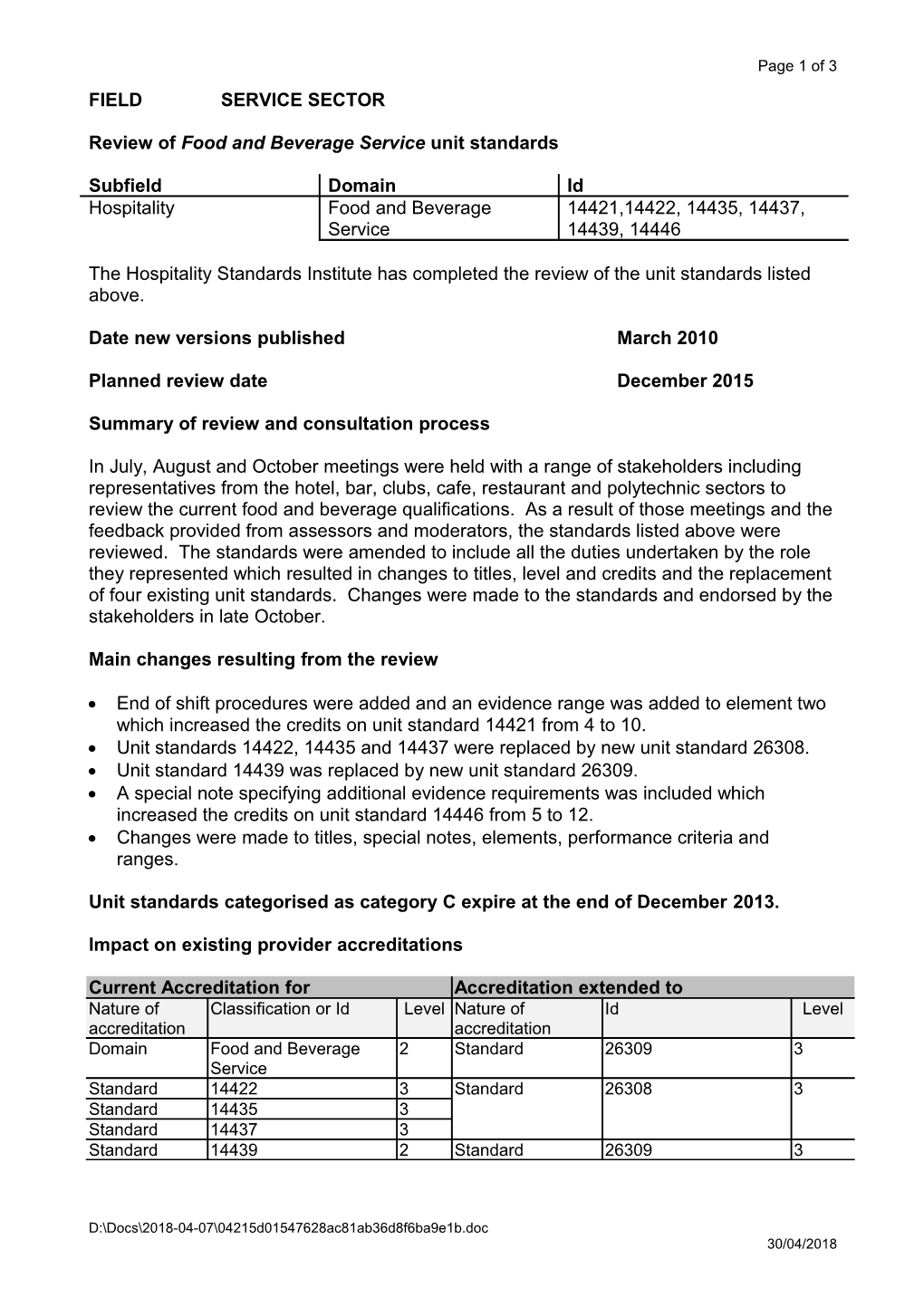 Review of Food and Beverage Service Unit Standards