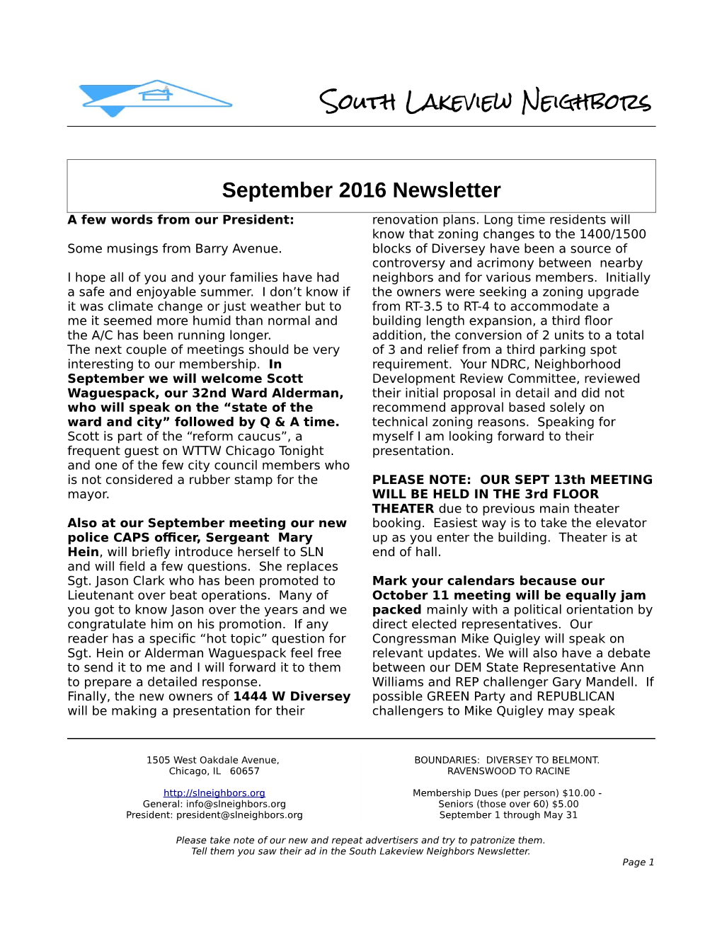 South Lakeview Neighbors September 2016 Newsletter