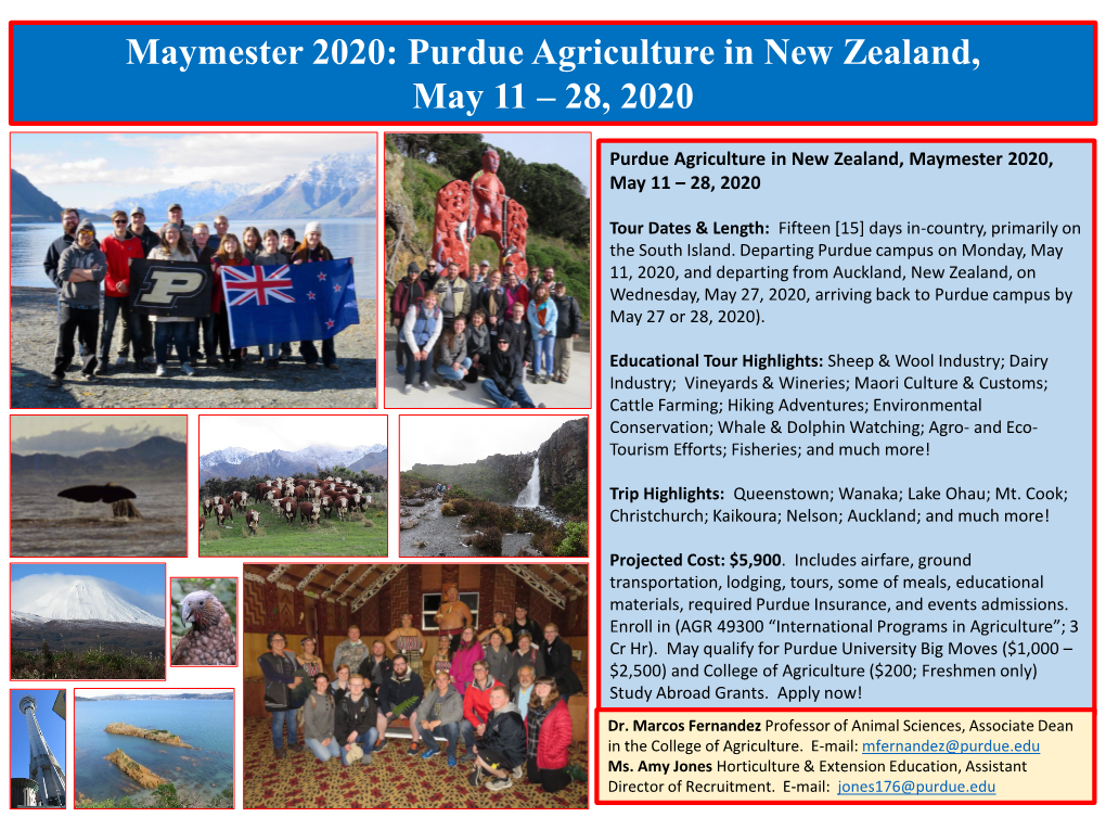 Maymester 2020: Purdue Agriculture in New Zealand, May 11 – 28, 2020