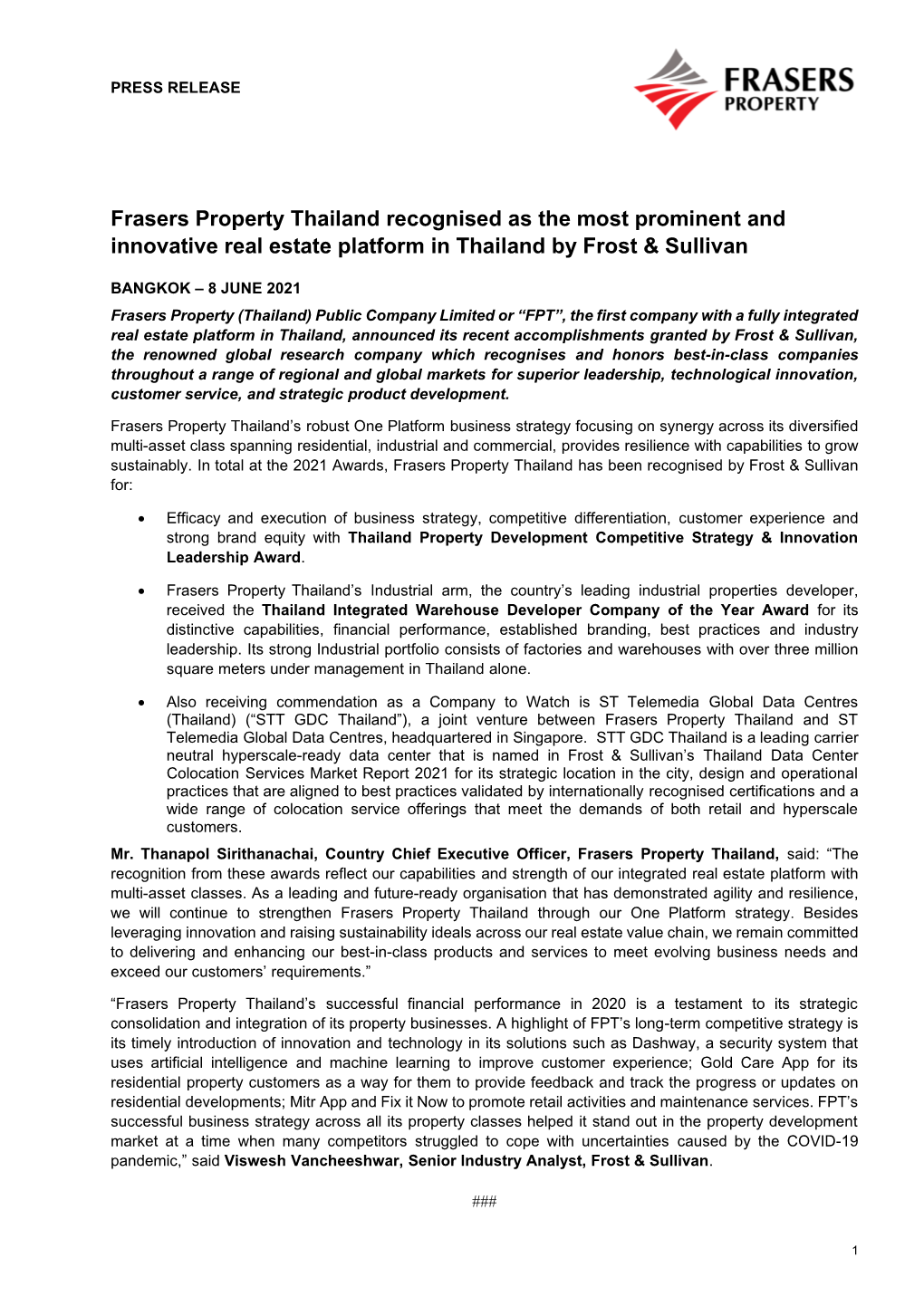 Frasers Property Thailand Recognised As the Most Prominent and Innovative Real Estate Platform in Thailand by Frost & Sullivan