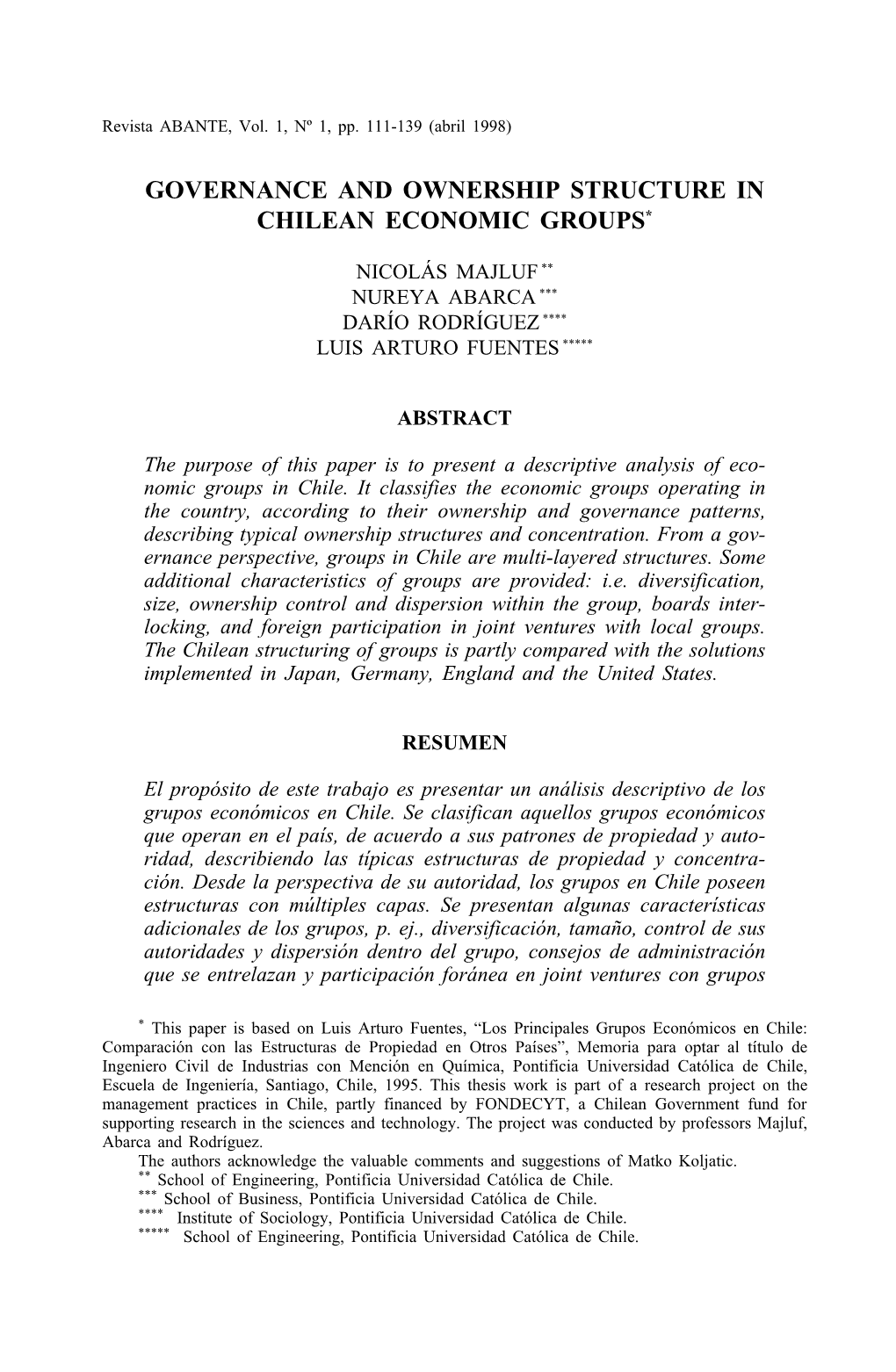 Governance and Ownership Structure in Chilean Economic Groups*