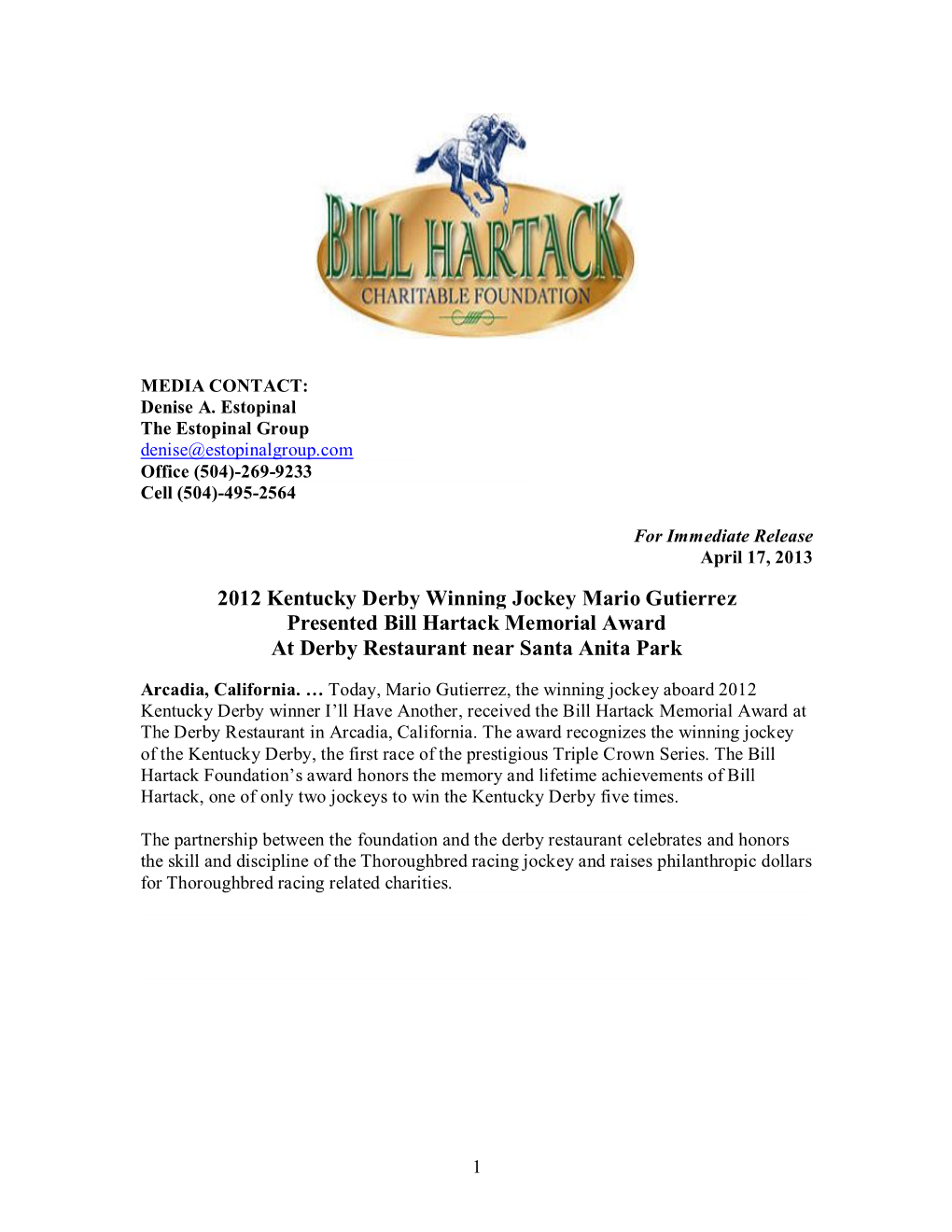 2012 Kentucky Derby Winning Jockey Mario Gutierrez Presented Bill Hartack Memorial Award at Derby Restaurant Near Santa Anita Park