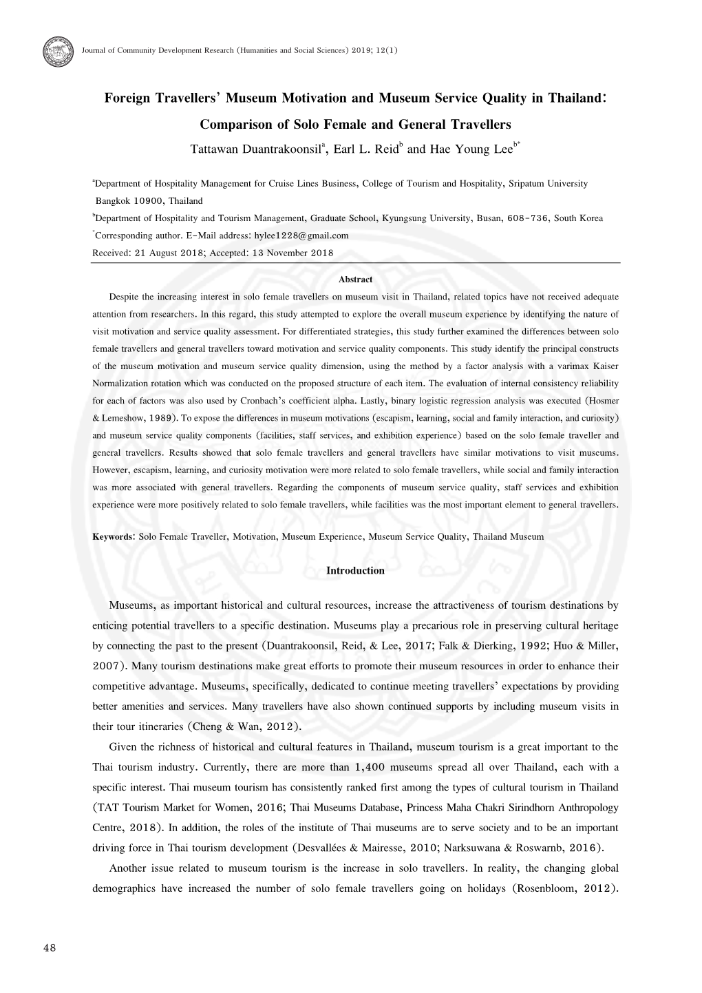 Comparison of Solo Female and General Travellers Tattawan Duantrakoonsila, Earl L