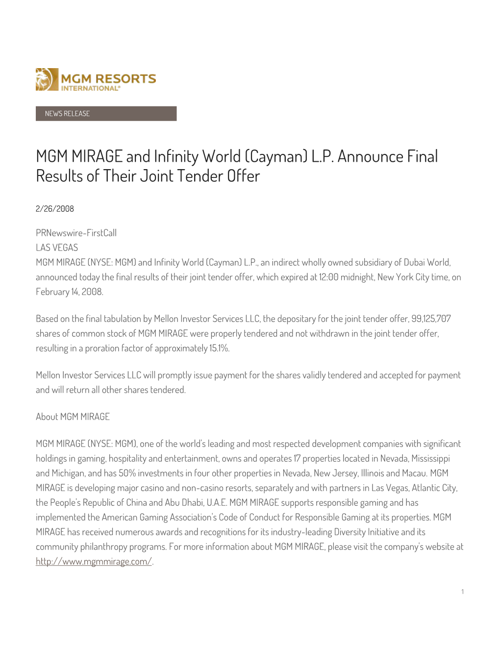 MGM MIRAGE and Infinity World (Cayman) L.P. Announce Final Results of Their Joint Tender Offer