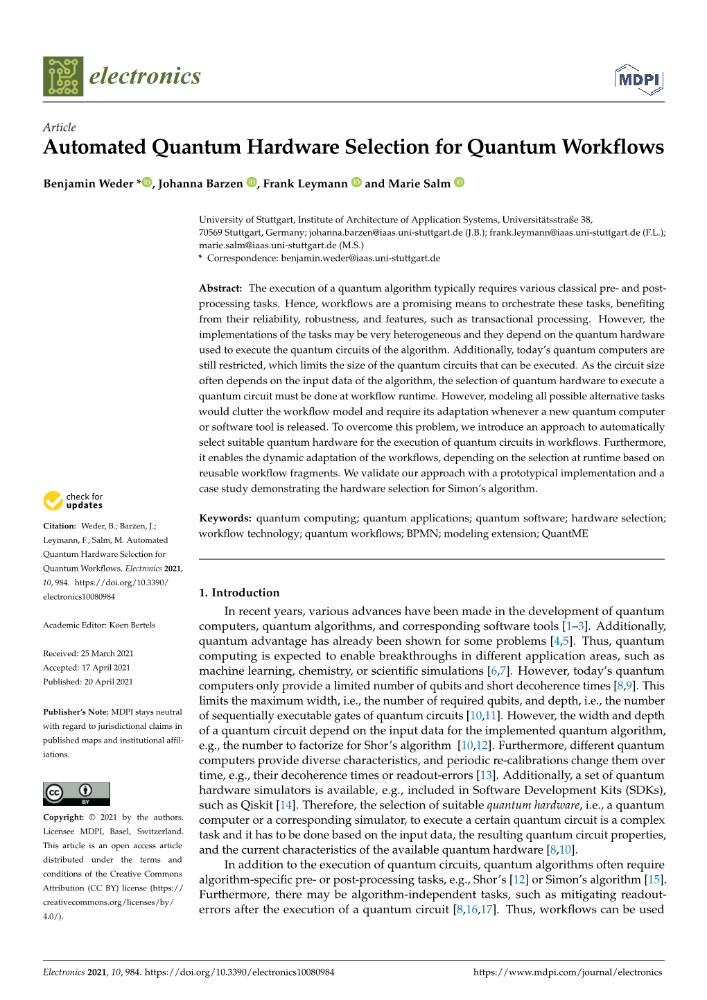 Automated Quantum Hardware Selection for Quantum Workflows