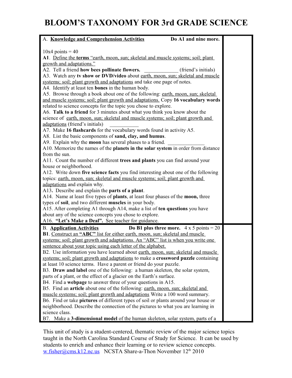 BLOOM S TAXONOMY for 3Rd GRADE SCIENCE