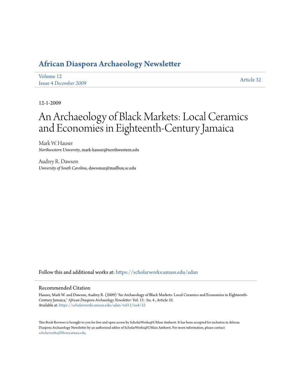 An Archaeology of Black Markets: Local Ceramics and Economies in Eighteenth-Century Jamaica Mark W