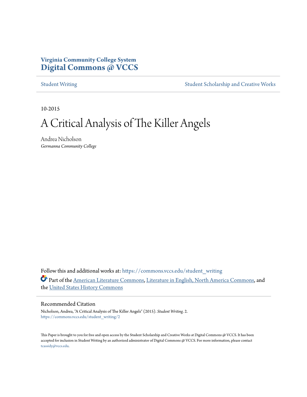 A Critical Analysis of the Killer Angels Andrea Nicholson Germanna Community College