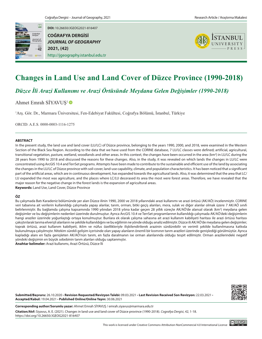 Changes in Land Use and Land Cover of Düzce Province (1990-2018)