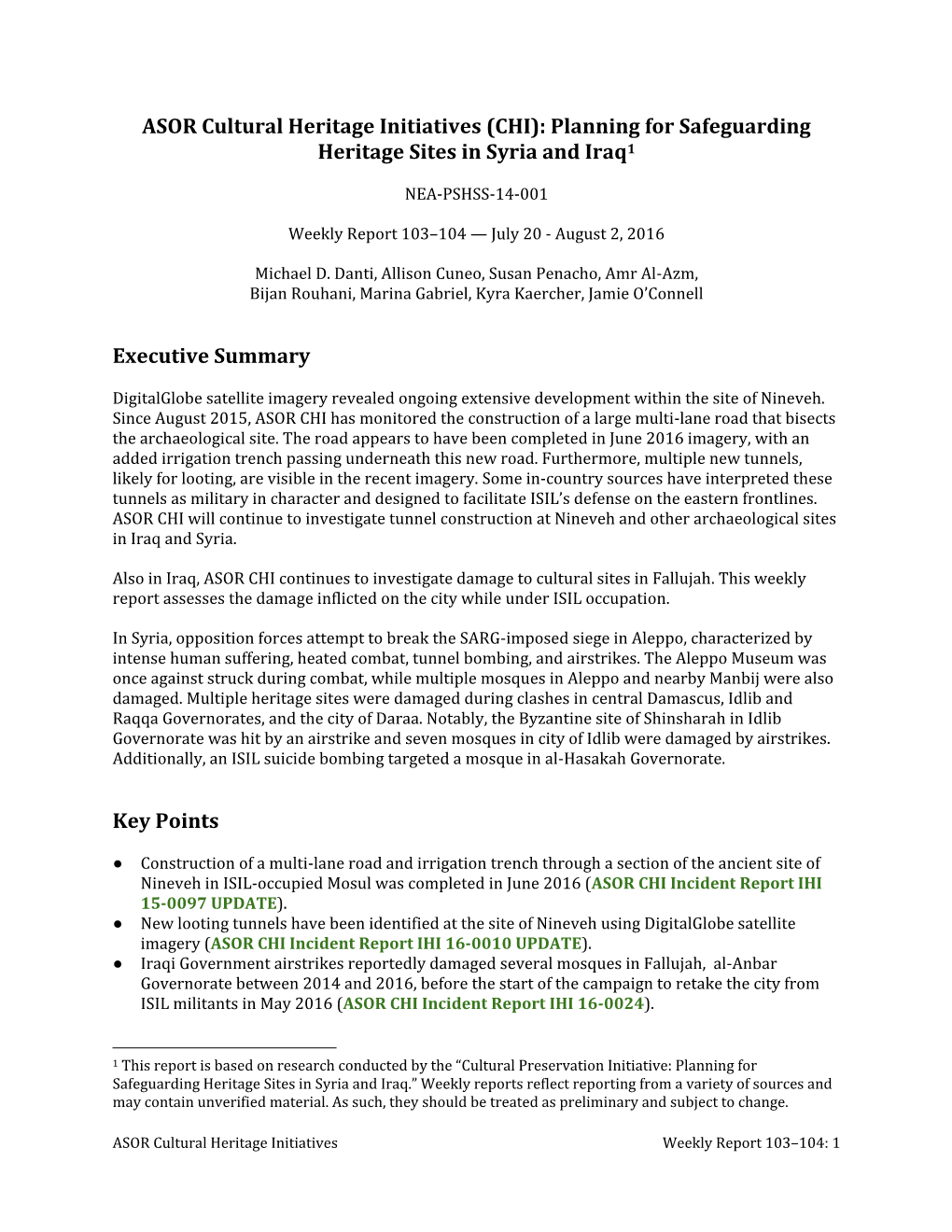 ASOR Cultural Heritage Initiatives (CHI): Planning for Safeguarding Heritage Sites in Syria and Iraq1