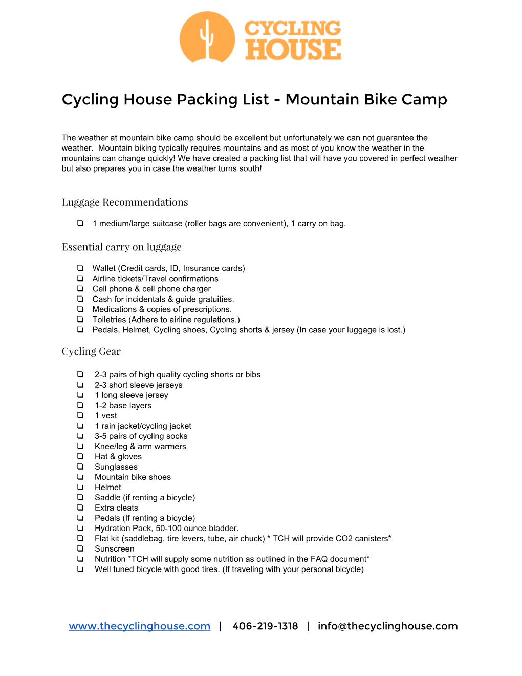 Cycling House Packing List - Mountain Bike Camp