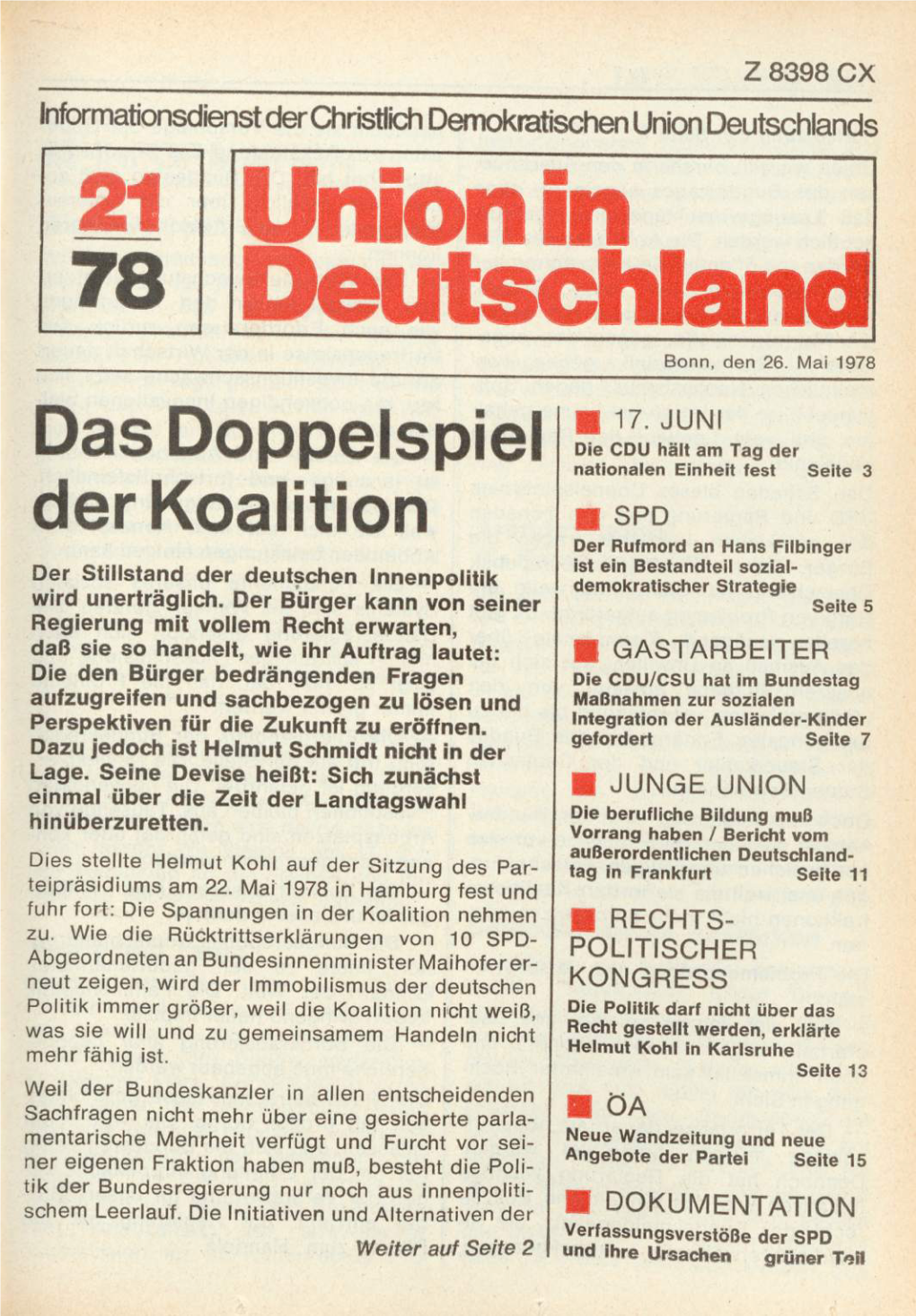 UID 1978 Nr. 21, Union in Deutschland