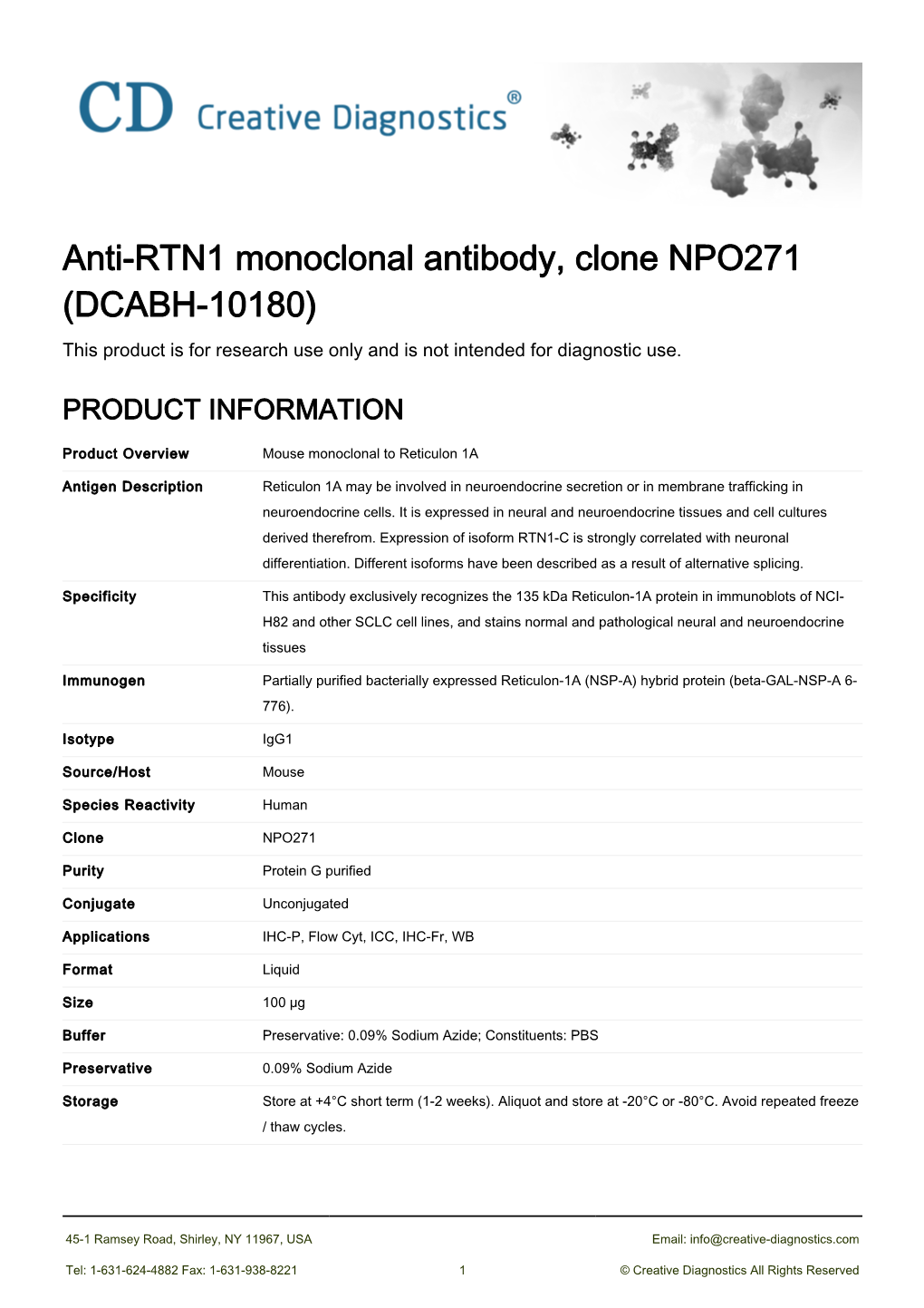 Anti-RTN1 Monoclonal Antibody, Clone NPO271 (DCABH-10180) This Product Is for Research Use Only and Is Not Intended for Diagnostic Use