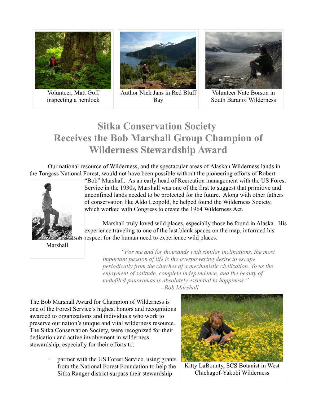 Sitka Conservation Society Receives the Bob Marshall Group Champion of Wilderness Stewardship Award