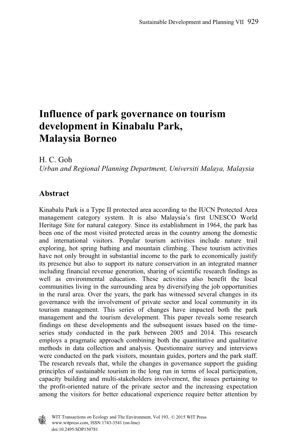 Influence of Park Governance on Tourism Development in Kinabalu Park, Malaysia Borneo