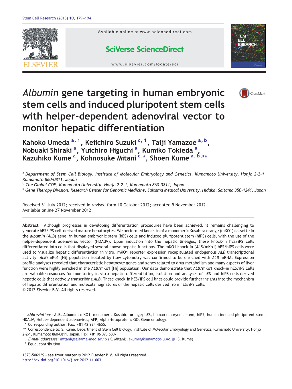 Albumin Gene Targeting in Human Embryonic Stem Cells and Induced