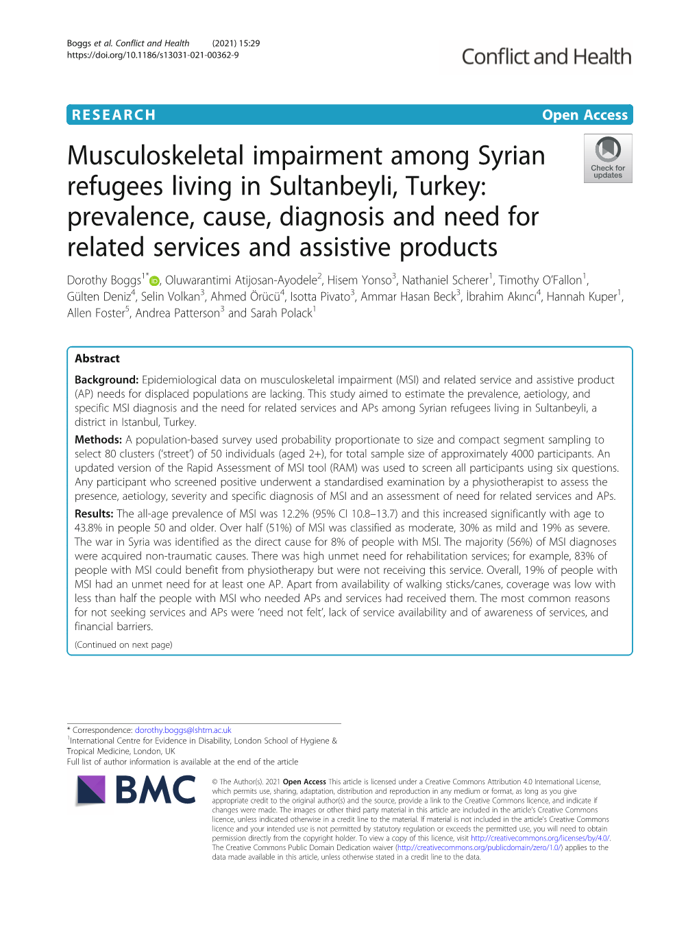 Musculoskeletal Impairment Among Syrian Refugees Living in Sultanbeyli