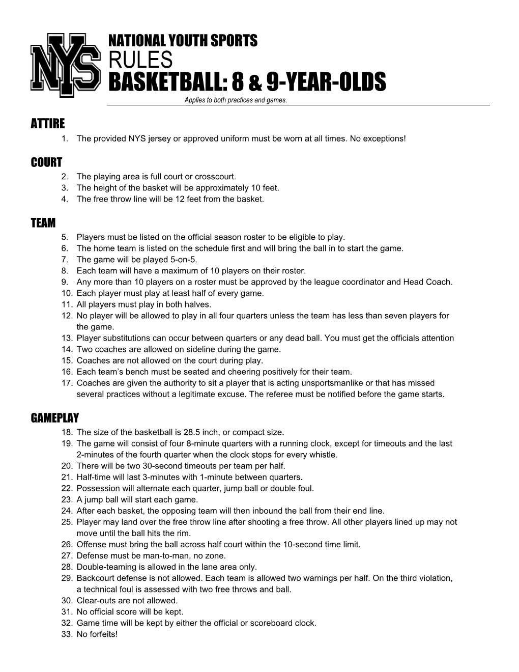 NATIONAL YOUTH SPORTS RULES BASKETBALL: 8 & 9-YEAR-OLDS Applies to Both Practices and Games