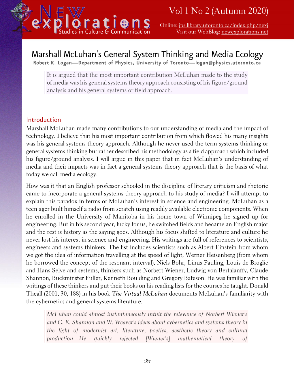 Marshall Mcluhan's General System Thinking and Media Ecology Robert K