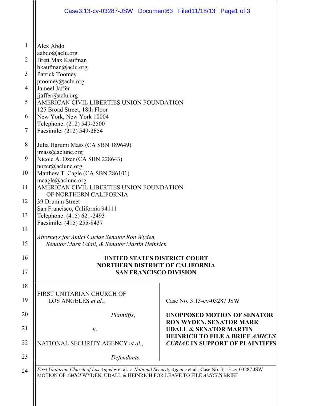 FILE a BRIEF AMICUS 22 NATIONAL SECURITY AGENCY Et Al., CURIAE in SUPPORT of PLAINTIFFS