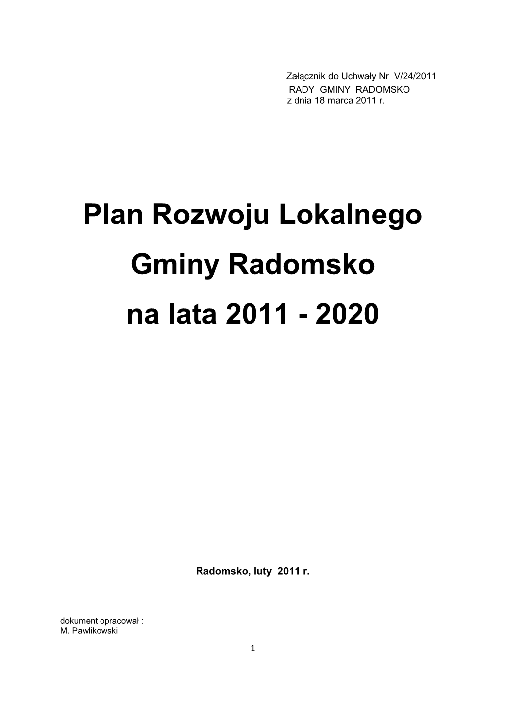 Plan Rozwoju Lokalnego Gminy Radomsko Na Lata 2011 - 2020