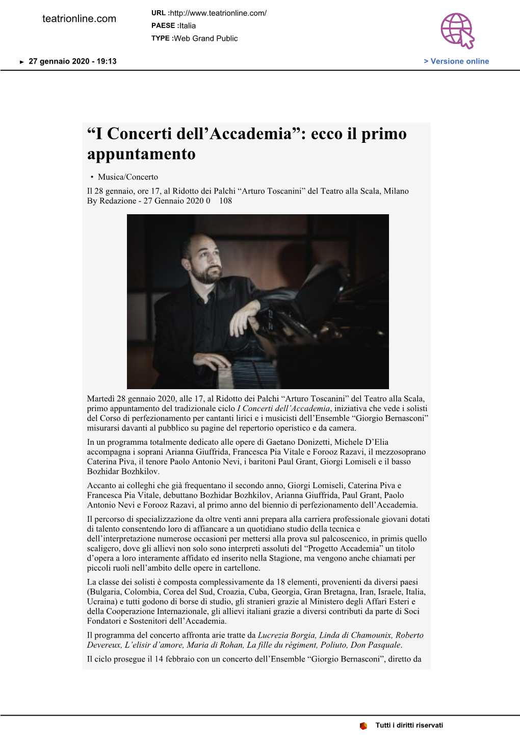 “I Concerti Dell'accademia”: Ecco Il Primo Appuntamento