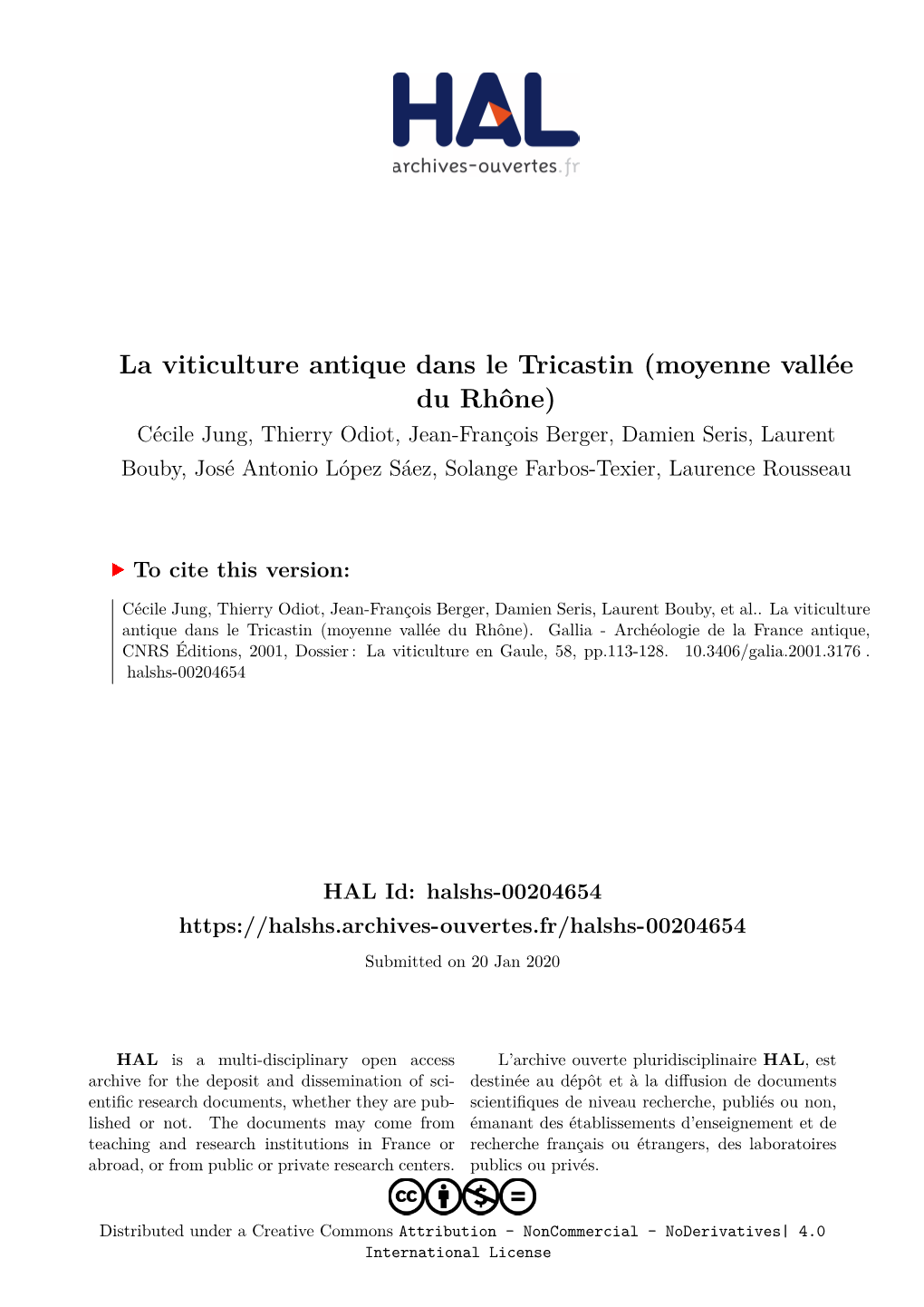 La Viticulture Antique Dans Le Tricastin (Moyenne Vallée Du Rhône)