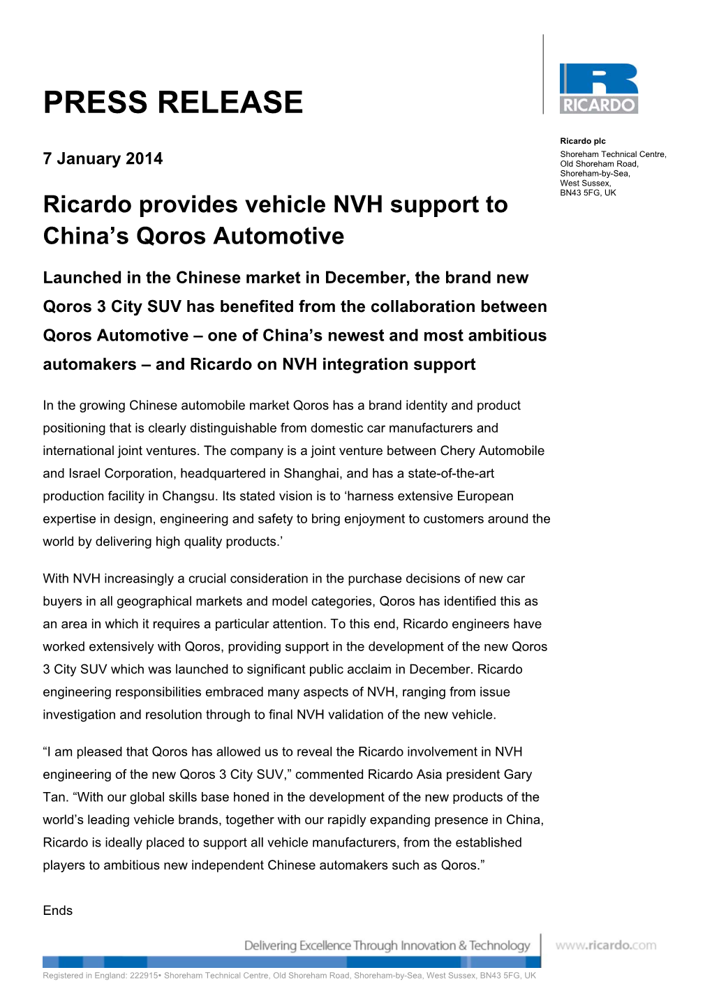 Press Release Text: Ricardo Provides Vehicle NVH Support to China's Qoros Automotive