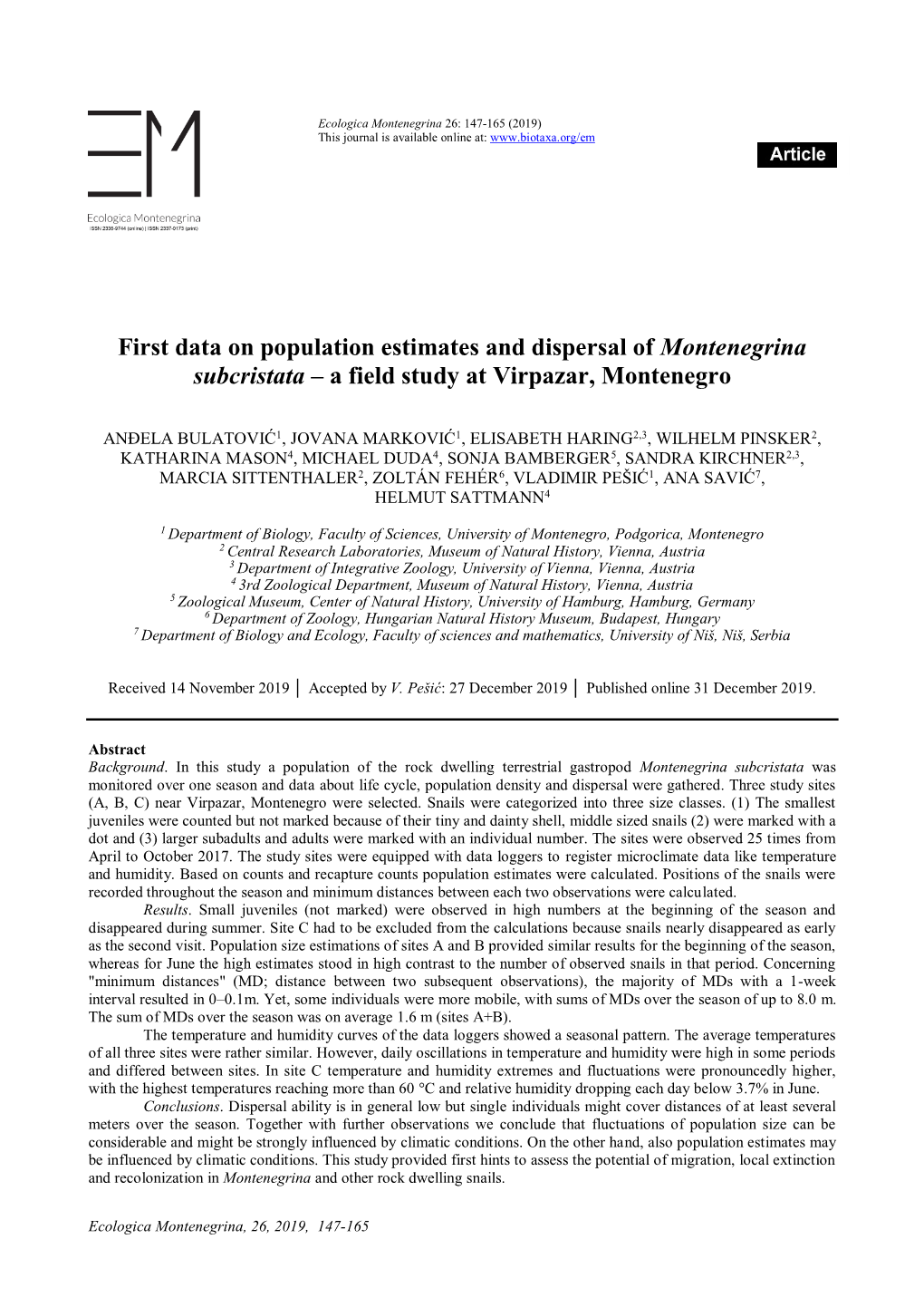First Data on Population Estimates and Dispersal of Montenegrina Subcristata – a Field Study at Virpazar, Montenegro